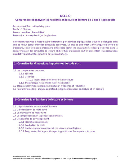 DCEL-O: Comprendre et analyser les habiletés en lecture et en écriture de 6 ans à l'âge adulte